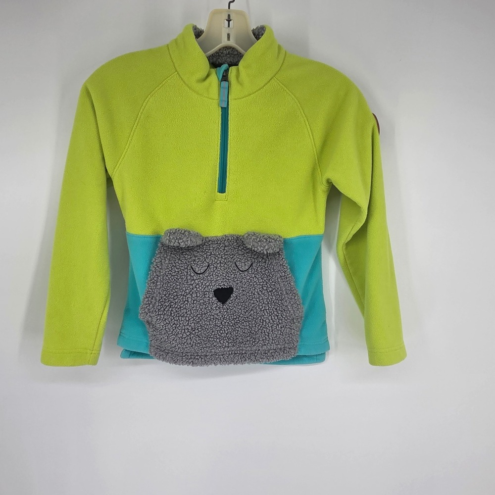 Obermeyer Kids Large Fleece Quarter Zip Pullover Lime Green Blue Bear Pocket